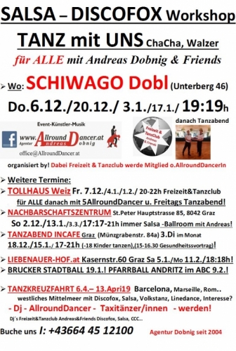 SCHIWAGO DO 6.12. bis 17.1.von 19.19h! LH 5,1,! Incafe 18.12.15h u Tanzkreuzfahrt! Nbz St.Peter 2.12. 13.1.um 17h I: 06644512100